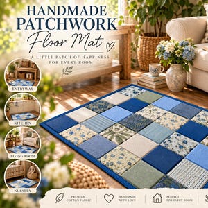 Mönster för quiltad golvmatta | Lapptäcksmatta i PDF-format | Tygmatta | Blå blommig matta | Symönster för Cottagecore-heminredning