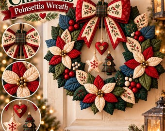 Quilted Christmas Wreath Pattern | Fabric Christmas Wreath PDF | Poinsettia Door Wreath | Christmas Door Decor | Holiday Sewing