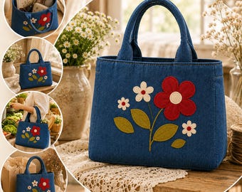 Denim Flower Tote Bag Pattern | Floral Tote Bag PDF | Flower Applique Bag | Denim Tote Sewing Pattern | Cottagecore Bag