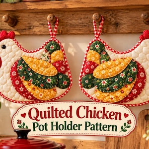 Quilted Chicken Pot Holders Pattern, Farmhouse Hen Oven Mitt Sewing Pattern, Patchwork Kitchen Decor PDF