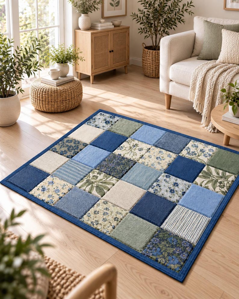 May include: A rectangular area rug featuring a patchwork design of square tiles in various shades of blue, cream, and sage green. The pattern includes solid colors, floral prints, and striped textures, all bordered by a solid dark blue fabric edge.