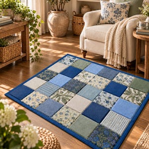 May include: A rectangular area rug featuring a patchwork design of square fabric tiles in various shades of blue, sage green, and cream. The pattern includes solid colors, floral prints, and striped textures, all bordered by a solid blue trim.