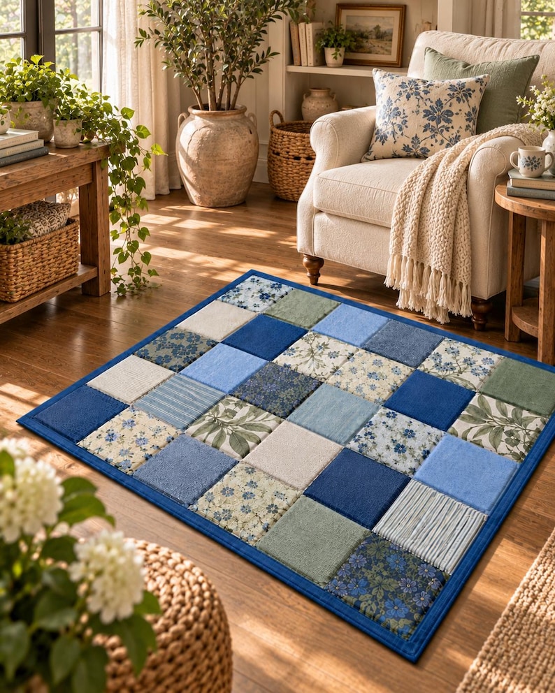 May include: A rectangular area rug featuring a patchwork design of square fabric tiles in various shades of blue, sage green, and cream. The pattern includes solid colors, floral prints, and striped textures, all bordered by a solid blue trim.