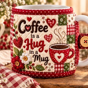 Peut inclure: Une tasse en céramique blanche avec une housse en tissu matelassé aux motifs patchwork rouges, verts et crème. La housse présente des cœurs brodés, des fleurs et le texte Coffee is a Hug in a Mug, fixé par un bouton en bois clair sur l'anse.
