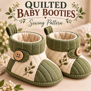 May include: A pair of quilted baby booties featuring olive green and cream fabric with vertical stitching, a light brown button closure on the side, and a small embroidered floral sprig. The text QUILTED BABY BOOTIES Sewing Pattern is visible.