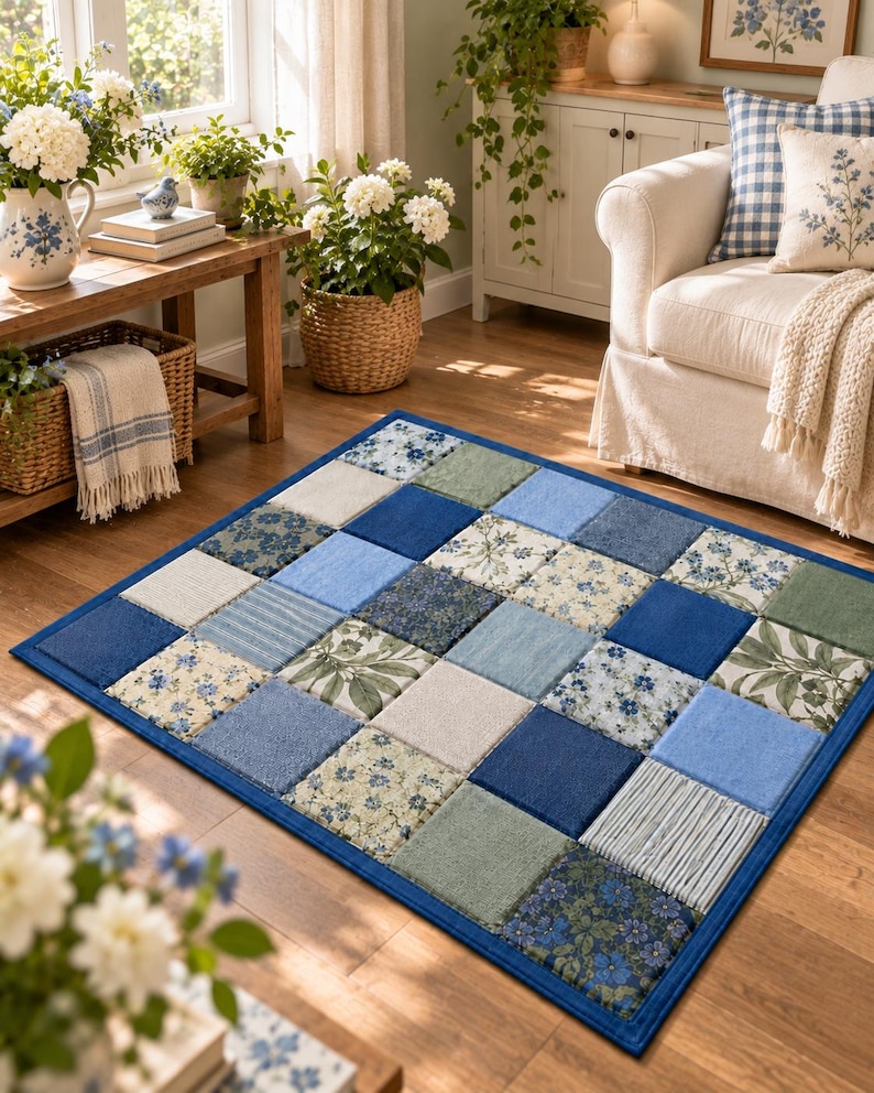 May include: A rectangular area rug featuring a patchwork design of square tiles in various shades of blue, green, and cream. The pattern includes solid colors, floral prints, and striped textures, all bordered by a solid dark blue fabric trim.