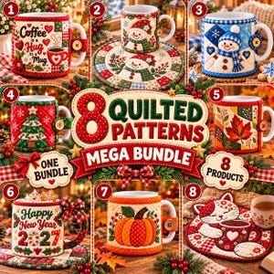 May include: A digital collection of eight quilted mug cozy patterns featuring seasonal designs including snowmen, Christmas trees, autumn leaves, pumpkins, and a cat, with text reading 8 QUILTED PATTERNS MEGA BUNDLE.