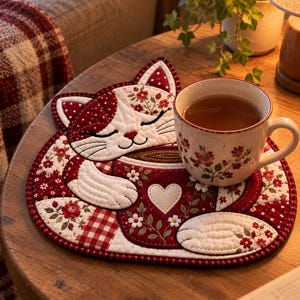 Può includere: Un sottobicchiere in tessuto trapuntato a forma di gatto che abbraccia una tazza, con motivi floreali e a quadretti rosso scuro e bianco. Il gatto ha gli occhi chiusi e i baffi, e il design della tazza include un piccolo cuore bianco. Una tazza è sopra.