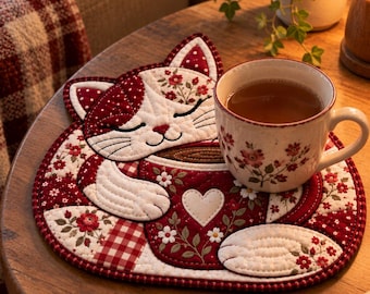 Quilted Cat Mug Rug Pattern PDF, Sleeping Cat Coffee Cup Quilt, Applique Mug Rug Sewing Pattern, Cat Lover Gift, Instant Download
