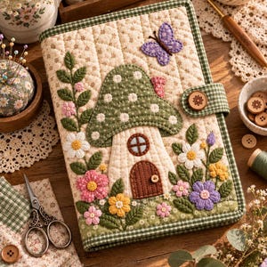 May include: A quilted fabric book cover featuring an appliqued mushroom house with a green polka-dot cap, a brown door, and a small window. The design includes embroidered flowers, green leaves, and a purple butterfly, finished with a green gingham border.