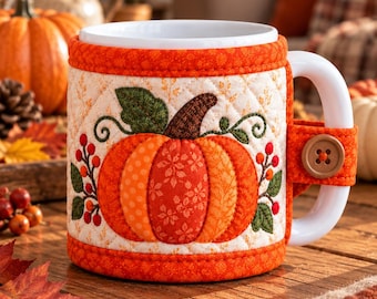 Pumpkin Mug Cozy Sewing Pattern PDF, Quilted Mug Wrap, Fall Mug Cover DIY, Pumpkin Applique Pattern, Beginner Sewing Project