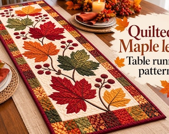 May include: A rectangular quilted table runner featuring a cream-colored center with appliqued red, orange, and green maple leaves and berries. The border consists of a patchwork of autumn-themed fabrics. Text reads: Quilted Maple leaf Table runner pattern.