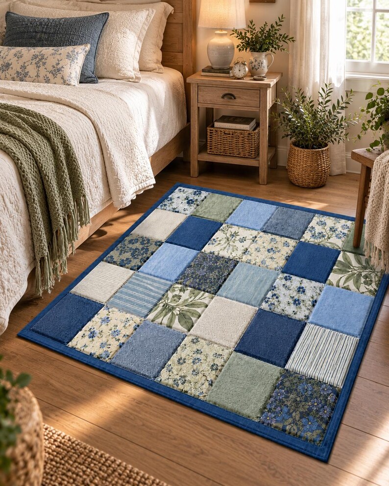 May include: A rectangular area rug featuring a patchwork design of square fabric tiles in various shades of blue, sage green, and cream. The pattern includes solid colors, delicate floral prints, and thin vertical stripes with a dark blue border.