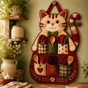 Op de afbeelding: Een gewatteerde wandhanger in de vorm van een kat met zes zakken met diverse keukengerei. De kat is crème en rood met een groene vlinderdas en heeft een lange staart met een hartvormige bedel. De zakken hebben ruitjes-, stippen- en bloemenpatronen.