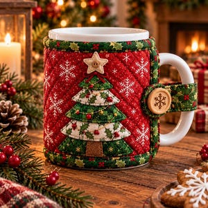 Peut inclure: Un mug en céramique blanche doté d'une housse en tissu matelassé amovible. La housse rouge est ornée de flocons de neige blancs et d'un sapin de Noël en tissu superposé surmonté d'une étoile. Un bouton en bois gravé d'un flocon le fixe.
