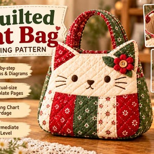 Op de afbeelding: Een gewatteerd katvormig tas naaipatroon met een rood, groen en crème bloemenmotief. De tas heeft twee handvatten, een kattengezicht met geborduurde snorharen en een stoffen bloemapplicatie. Inclusief PDF, sjablonen en maattabellen.