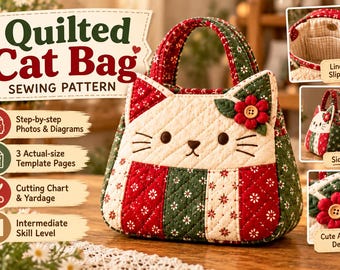 Quilted Cat Bag Sewing Pattern PDF, Cat Purse Pattern, Patchwork Bag Pattern, Applique Cat Bag, DIY Sewing Pattern, Instant Download