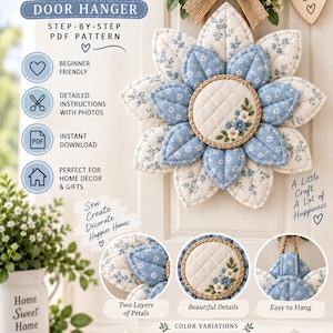 Könnte beinhalten: Ein DIY-Schnittmuster als PDF für einen Türhänger aus gesteppten Blütenblättern in Blumenform mit blau-weißem Blumenstoff. Das Bild zeigt Anleitungen, einen hängenden Blumenschmuck mit Juteschleife und vier Farbvarianten, darunter Blau-Weiß, Weiß-Blau, blaues Vichy-Karo und einfarbige Pastelltöne.