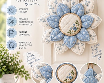 Quilted Flower Door Hanger Pattern | Fabric Flower Wall Decor | Spring Door Decor | Floral Sewing Pattern | PDF Sewing Pattern