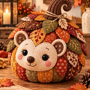 Peut inclure: Une décoration en tissu en forme de hérisson citrouille avec un visage crème, des détails brodés, des yeux noirs et des joues roses. Le corps est recouvert de feuilles en tissu matelassé superposées aux couleurs automnales orange, rouge, marron et vert.