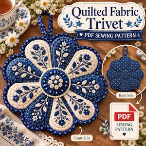 May include: A flower-shaped quilted fabric trivet featuring alternating dark blue and cream petals with intricate floral embroidery. The front displays detailed stitching, while the back shows a solid dark blue fabric with a small white dot pattern. Text reads Quilted Fabric Trivet PDF Sewing Pattern.