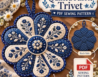 Quilted Flower Trivet Pattern | Floral Potholder PDF | Embroidered Hot Pad | Quilted Kitchen Decor | Sewing Pattern