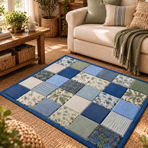 May include: A rectangular area rug featuring a patchwork design of square tiles in various shades of blue, sage green, and cream. The pattern includes solid colors, floral prints, and striped textures, all bordered by a solid dark blue fabric trim.