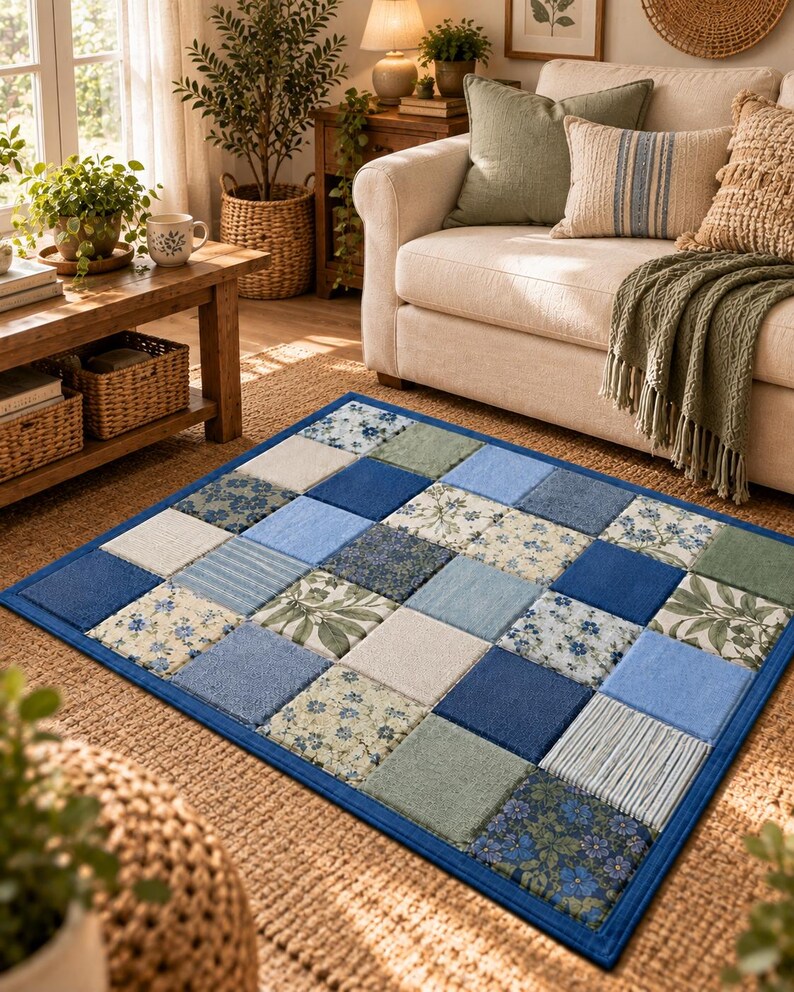 May include: A rectangular area rug featuring a patchwork design of square tiles in various shades of blue, sage green, and cream. The pattern includes solid colors, floral prints, and striped textures, all bordered by a solid dark blue fabric trim.