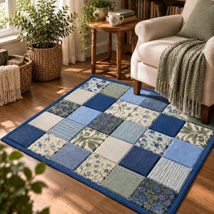 May include: A rectangular area rug featuring a patchwork design of square fabric tiles in various shades of blue, sage green, and cream. The pattern includes solid colors, delicate floral prints, and striped textures with a dark blue border.