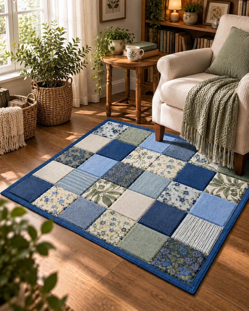 May include: A rectangular area rug featuring a patchwork design of square fabric tiles in various shades of blue, sage green, and cream. The pattern includes solid colors, delicate floral prints, and striped textures with a dark blue border.