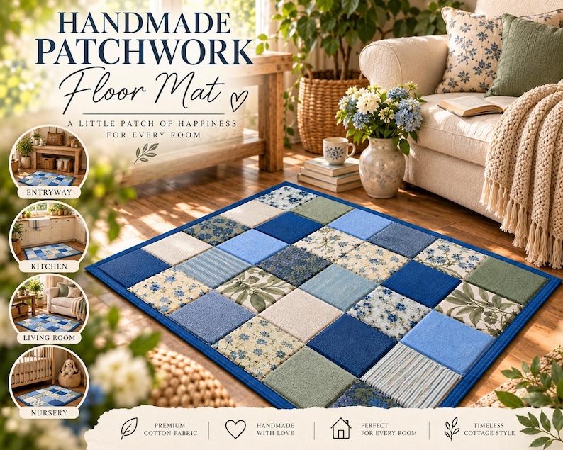 Quilted Patchwork Floor Mat Pattern | Blue Floral Cottagecore Sewing (PDF)