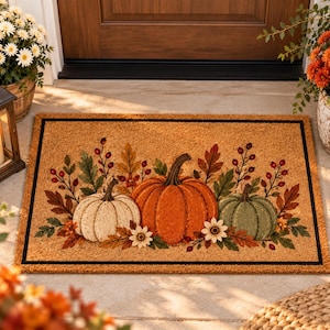Puede incluir: Un felpudo rectangular de fibra de coco con un diseño impreso de tres calabazas en blanco, naranja y verde salvia. Las calabazas están rodeadas de hojas de otoño, bayas rojas y pequeñas flores blancas, enmarcadas por un borde negro.