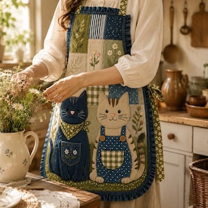 May include: A patchwork apron featuring a blue denim cat with a green bandana and a beige tabby cat wearing blue polka-dot overalls. The apron includes floral embroidery, gingham patterns, and a ruffled denim trim along the edges with green floral straps.