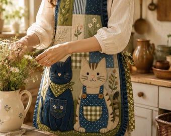 Cat Patchwork Apron Pattern | Cute Cat Kitchen Apron | Cottagecore Vintage Floral Sewing Craft Pattern | Cat Lover Gift