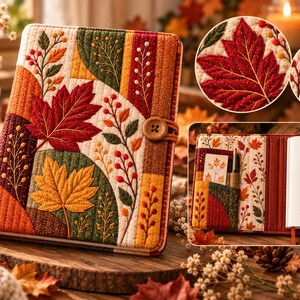 Patrón de costura en PDF para funda de libro con diseño de hoja de arce otoñal, funda acolchada para libro, protector de libros con patchwork bordado, patrón de costura de otoño.