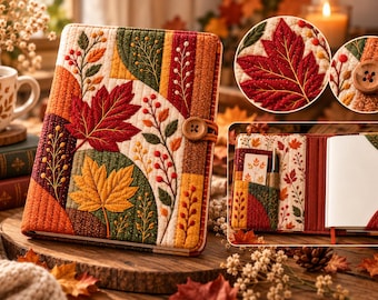 Autumn Maple Leaf Book Cover Sewing Pattern PDF, Quilted Book Sleeve, Embroidered Patchwork Book Protector, Fall Sewing Pattern