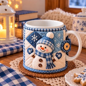 May include: A white ceramic mug featuring a removable quilted fabric cozy. The cozy is decorated with a snowman wearing a blue plaid hat and scarf, white snowflake embroidery, and two brown buttons. It secures with a small wooden button.