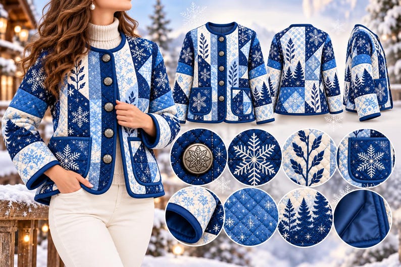 Quilted Patchwork Winter Jacket Sewing Pattern, Snowflake Pine Motifs (PDF)