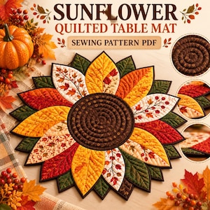 May include: A sunflower-shaped quilted table mat sewing pattern PDF featuring a central dark brown spiral surrounded by fabric petals in shades of yellow, orange, red, and green with autumn leaf and berry patterns, plus text.