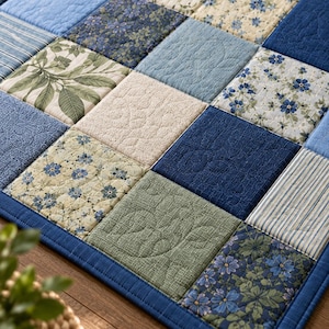 May include: A patchwork quilt featuring a grid of square fabric blocks in various shades of blue, green, and cream. The design includes floral patterns, solid textured fabrics, and striped prints, all joined with visible stitching and a blue border.