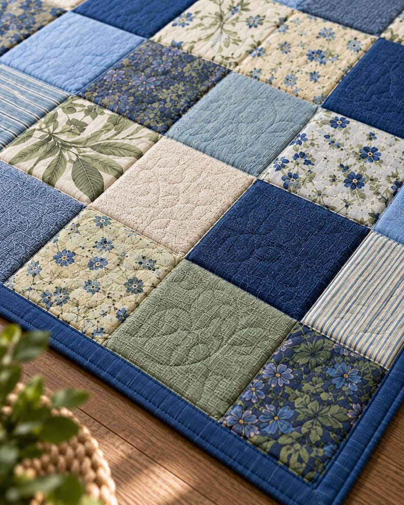 May include: A patchwork quilt featuring a grid of square fabric blocks in various shades of blue, green, and cream. The design includes floral patterns, solid textured fabrics, and striped prints, all joined with visible stitching and a blue border.