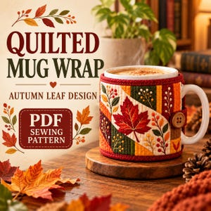 May include: A quilted mug wrap featuring an autumn leaf design with red, orange, and green fabric panels, secured by a brown button. The text reads QUILTED MUG WRAP AUTUMN LEAF DESIGN PDF SEWING PATTERN with leaf illustrations.