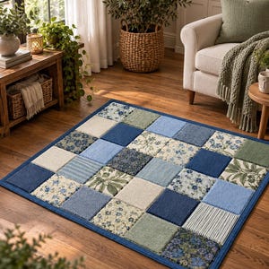 May include: A rectangular area rug featuring a patchwork design of square tiles in various shades of blue, cream, and sage green. The pattern includes solid colors, striped textures, and floral prints, all bordered by a solid dark blue fabric trim.