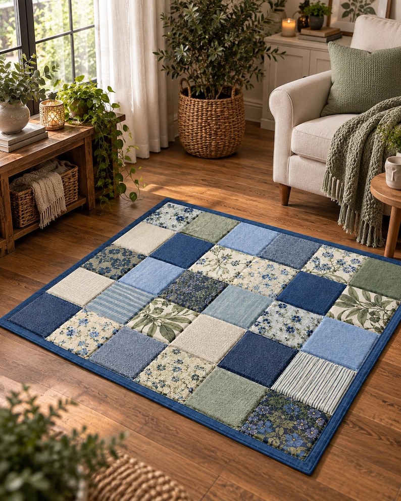 May include: A rectangular area rug featuring a patchwork design of square tiles in various shades of blue, cream, and sage green. The pattern includes solid colors, striped textures, and floral prints, all bordered by a solid dark blue fabric trim.