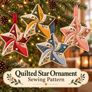 Puede incluir: Cuatro adornos acolchados en forma de estrella colgados de un árbol, con secciones de tela roja, amarilla, azul y rosa, patrones florales bordados y flores blancas. Una etiqueta inferior dice Quilted Star Ornament Sewing Pattern.