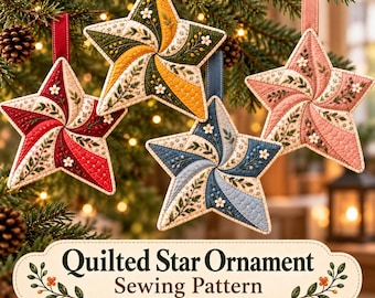 Quilted Star Ornament Pattern PDF, Patchwork Swirl Star Sewing Tutorial, Christmas Fabric Decoration, DIY Holiday Ornament, Instant Download