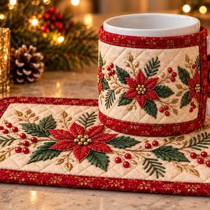 May include: A white ceramic mug with a quilted fabric cozy featuring red poinsettia flowers, green leaves, and red berries, secured by a button. A matching rectangular quilted fabric mat displays the same poinsettia and berry pattern.