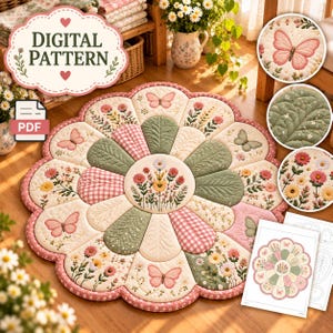 Könnte beinhalten: Eine kreisförmige Steppmatte mit blumenförmigem Design und abwechselnden Blütenblättern in Salbeigrün, Creme und rosa Vichy-Karo. Die Matte ist mit gestickten Schmetterlingen und Blumenclustern verziert. Enthält ein digitales PDF-Schnittmuster.