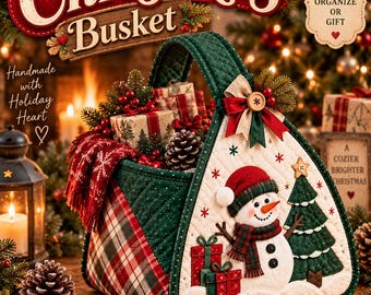 以下が含まれることがあります： キルティング加工されたクリスマスバスケット。前面には雪だるま、緑のクリスマスツリー、ギフトボックスがデザインされています。緑の持ち手と赤と緑のチェック柄の側面パネルがあり、上部にはリボンと木製のボタンが飾られています。