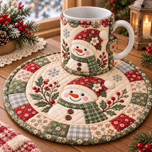 Puede incluir: Un conjunto de funda acolchada para taza y posavasos circular a juego con un muñeco de nieve que lleva un gorro rojo con una flor blanca, una bufanda de cuadros verdes y botones marrones. El diseño incluye bayas rojas y copos de nieve.